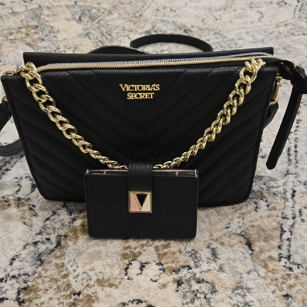 Victoria's Secret Chevron Crossbody Bag with Gold Chain + Card Wallet